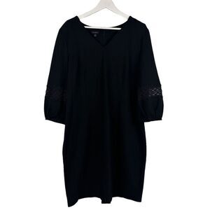Talbots Womens size 14 Dress V Neck 3/4 Sleeve Crochet Inset Black Stretch